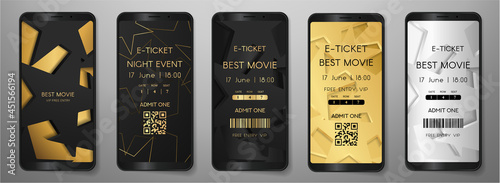 Admission e-ticket template set. Contemporary entrance ticket with star pattern on gold, black background. Vector design template for concert event, music performance, exhibition, show, mobile app