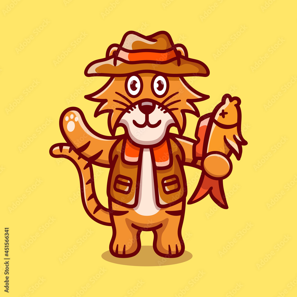 Fototapeta premium cute tiger illustration catching fish