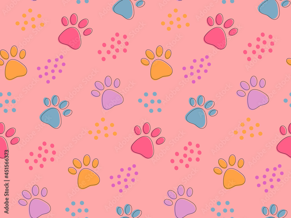 Cute seamless pattern with colorful pets paws. Cat or dog footprint outline bright background with dots.