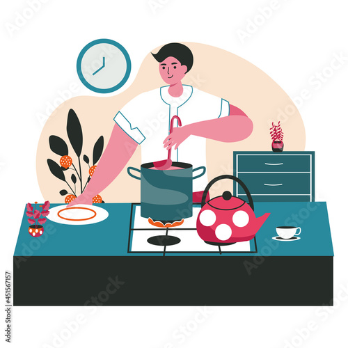 People spend weekend at home scene concept. Man preparing homemade food in kitchen, cooking dishes. Resting, hobby and leisure, people activities. Vector illustration of characters in flat design