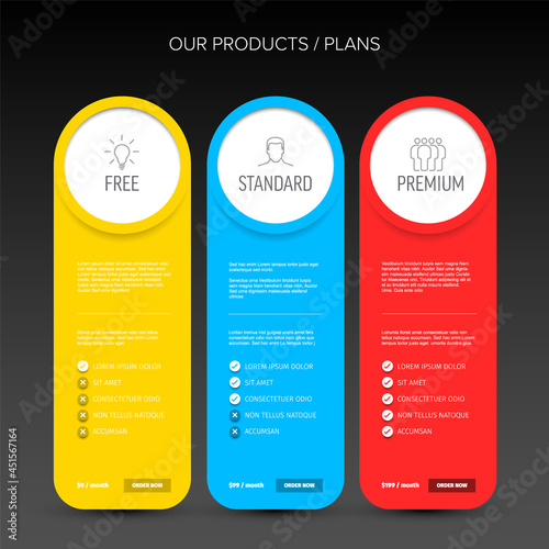 Pricing table dark template with three product cards