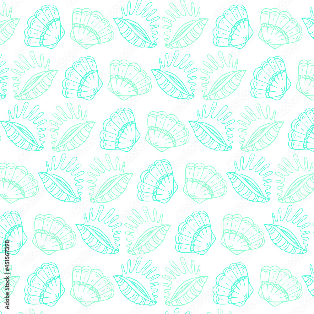 Seamless pattern with blue sea shells. Hand drawn vintage sketch elements of engraving. Nautical background. Can use for pack. paper, wallpaper.