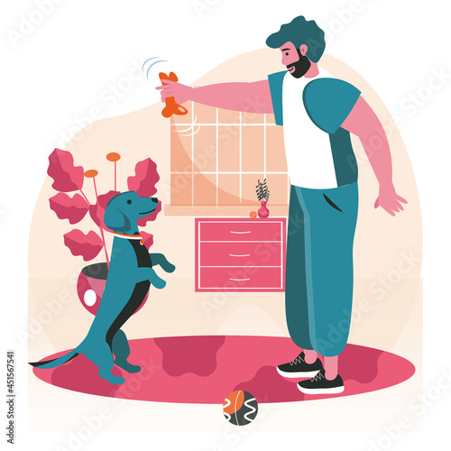 Pets with their owners scene concept. Man playing toy with dog, home training with ball. Taking care pets, relationship with animal, people activities. Vector illustration of characters in flat design