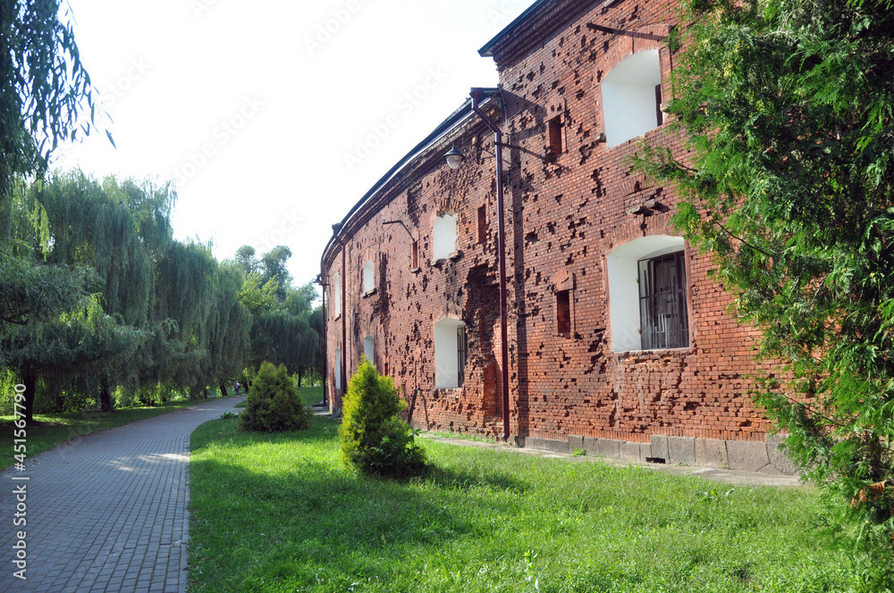 Section of the wall of the circular barracks of the Brest Fortress with shelling damage.