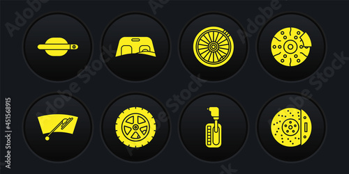 Set Windscreen wiper, Car brake disk with caliper, wheel, Gear shifter, windscreen, and door handle icon. Vector