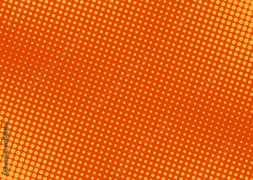 Pop art background. Halftone comic dotted pattern. Orange print with circles. Cartoon vintage texture. Superhero wow backdrop. Geometric duotone wallpaper with half tone effect. Vector illustration.