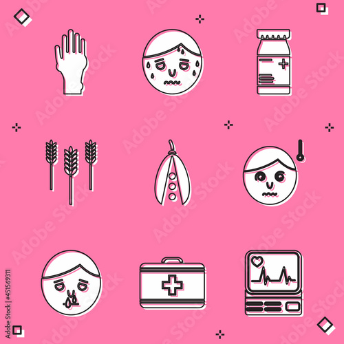 Set Hand with psoriasis or eczema, Man excessive sweating, Medicine bottle pills, Wheat, Kidney beans, High human body temperature, Runny nose and First aid kit icon. Vector