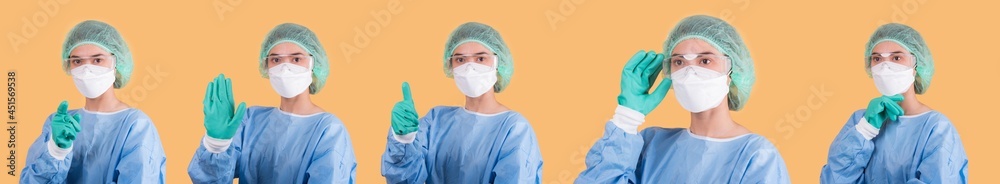 Portrait of Asian female doctor showing vaccine in hand on yellow background. Portrait of Asian female doctor showing vaccine in hand on yellow background.