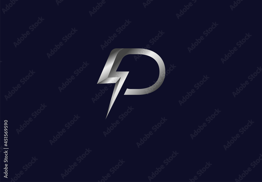 Initial P Power Logo. 3D letter P and thunder bolt icon combination isolated on black background, 3d style Logo Design Template element, vector illustration - obrazy, fototapety, plakaty 
