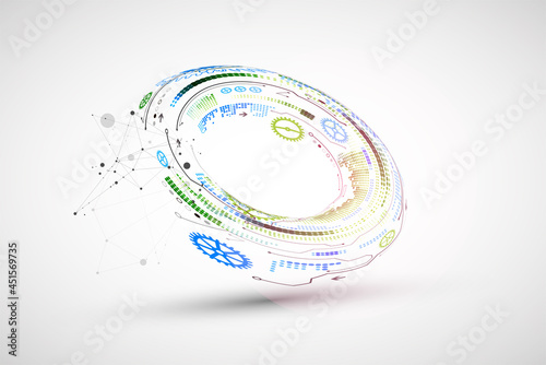 Abstract color vector background on a technological theme is created using many different technical elements. Global network concept.
