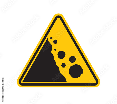 Vector yellow triangle sign - black silhouette landslide. Rockfall. Danger of avalanche. Isolated on white background. photo