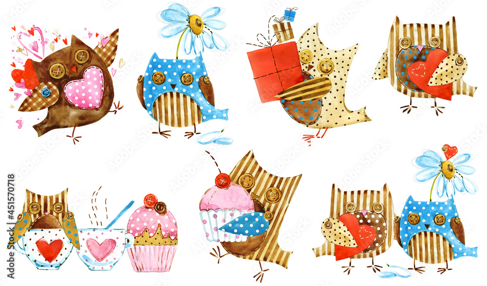 Cute cartoon owl watercolor illustration set. Cute cartoon owl watercolor illustration set.