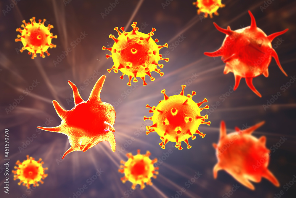 Covid-19 coronaviruses and platelets, conceptual 3D illustration. Covid-19 coronaviruses and platelets, conceptual 3D illustration.