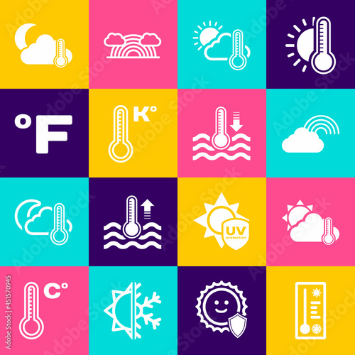Set Meteorology thermometer, Thermometer and cloud, sun, Rainbow with, Fahrenheit, moon and Water icon. Vector