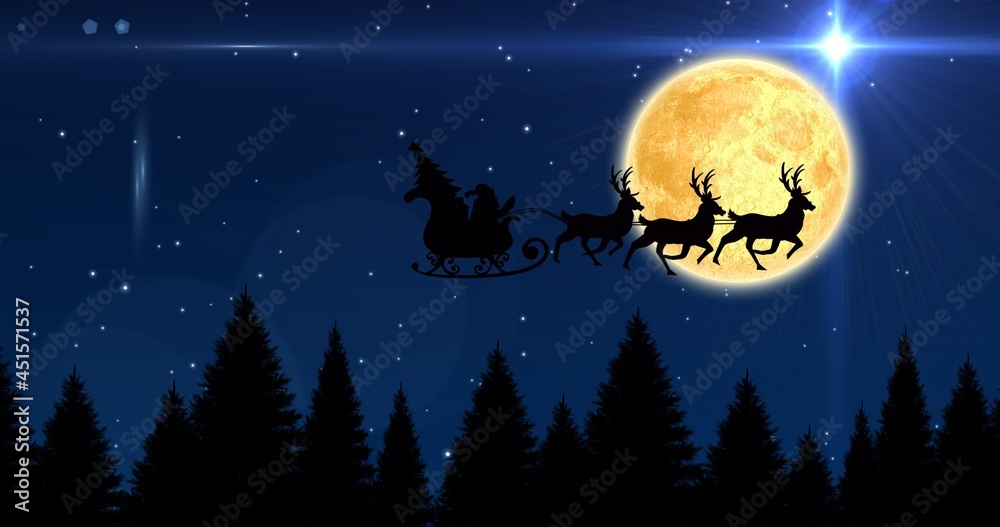 Composition of santa claus in sleigh with reindeer over stars and moon