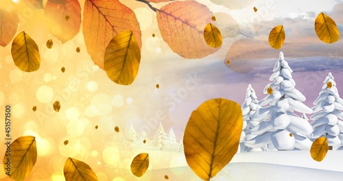 Composition of leaves falling over autumn and winter scenery
