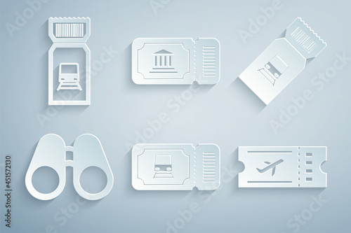 Set Train ticket, Binoculars, Airline, Museum and icon. Vector