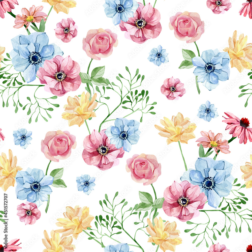 Bright flower seamless pattern with watercolor hand painted wildflower, rose, anemone, dandelion, green foliage, leaves and branches. Beautiful natural pattern.