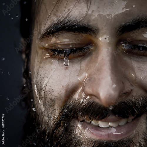Very close-up portrait of a young bearded man with closed eyes and streams of water running down his face	
