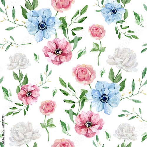 Bright flower seamless pattern with watercolor hand painted wildflower  rose  anemone  peonies  green foliage  leaves and branches. Beautiful natural pattern.