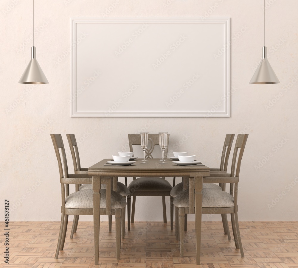 3D Mockup photo frame in Modern interior of dining room 3D Mockup photo frame in Modern interior of dining room