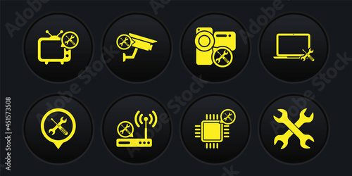 Set Location service, Laptop, Router wi-fi, Processor, Video camera, Security, Crossed wrenchs and Tv icon. Vector