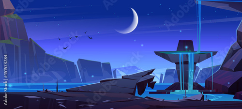Mountain landscape with waterfall at night