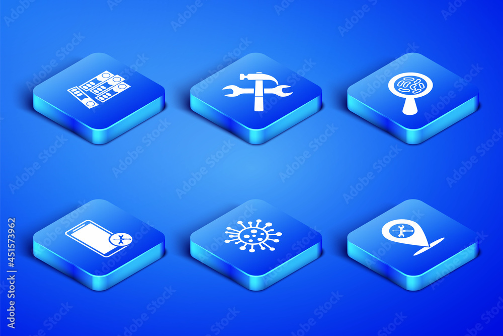 Set Location service, Office folders, Bacteria, Mobile, Crossed hammer and wrench and Microorganisms under magnifier icon. Vector Set Location service, Office folders, Bacteria, Mobile, Crossed hammer and wrench and Microorganisms under magnifier icon. Vector