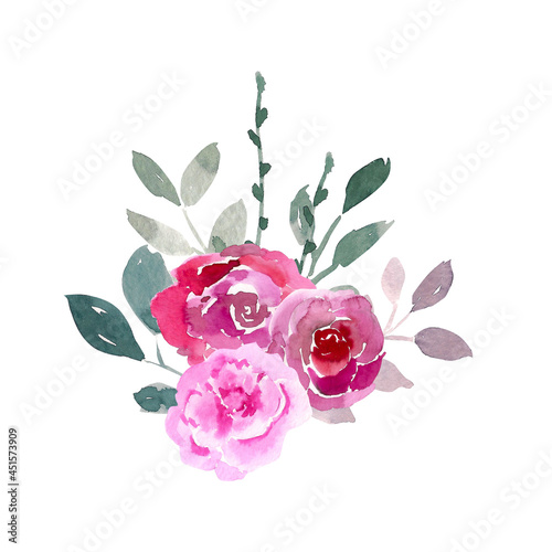 Watercolor illustration. Bouquet of pink roses and green leaves 