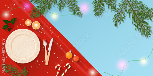 Christmas table background with plate and cutlery decorated with Christmas tinsel, herringbone and spruce branches. Vector illustration, cartoon, flat