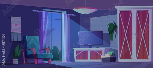 Eco rustic interior, night living room in darkness