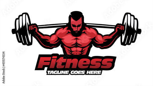 fitness logo with bodybuilder, work out, strong body concept, flat illustration vector