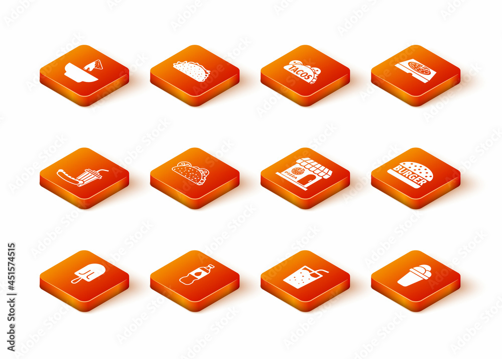 Set Ice cream, Bottle of water, Soda and hotdog, Taco with tortilla, Glass, Pizzeria building facade, and Burger icon. Vector Set Ice cream, Bottle of water, Soda and hotdog, Taco with tortilla, Glass, Pizzeria building facade, and Burger icon. Vector
