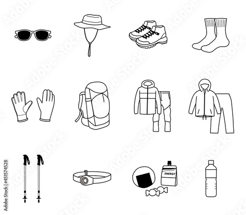 登山に必要な持ち物の線画イラストセット