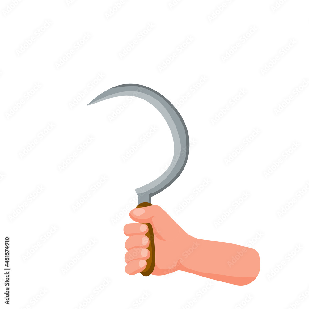 Hand hold sickle. Farmer tool for harvesting crops. Flat cartoon illustration Hand hold sickle. Farmer tool for harvesting crops. Flat cartoon illustration