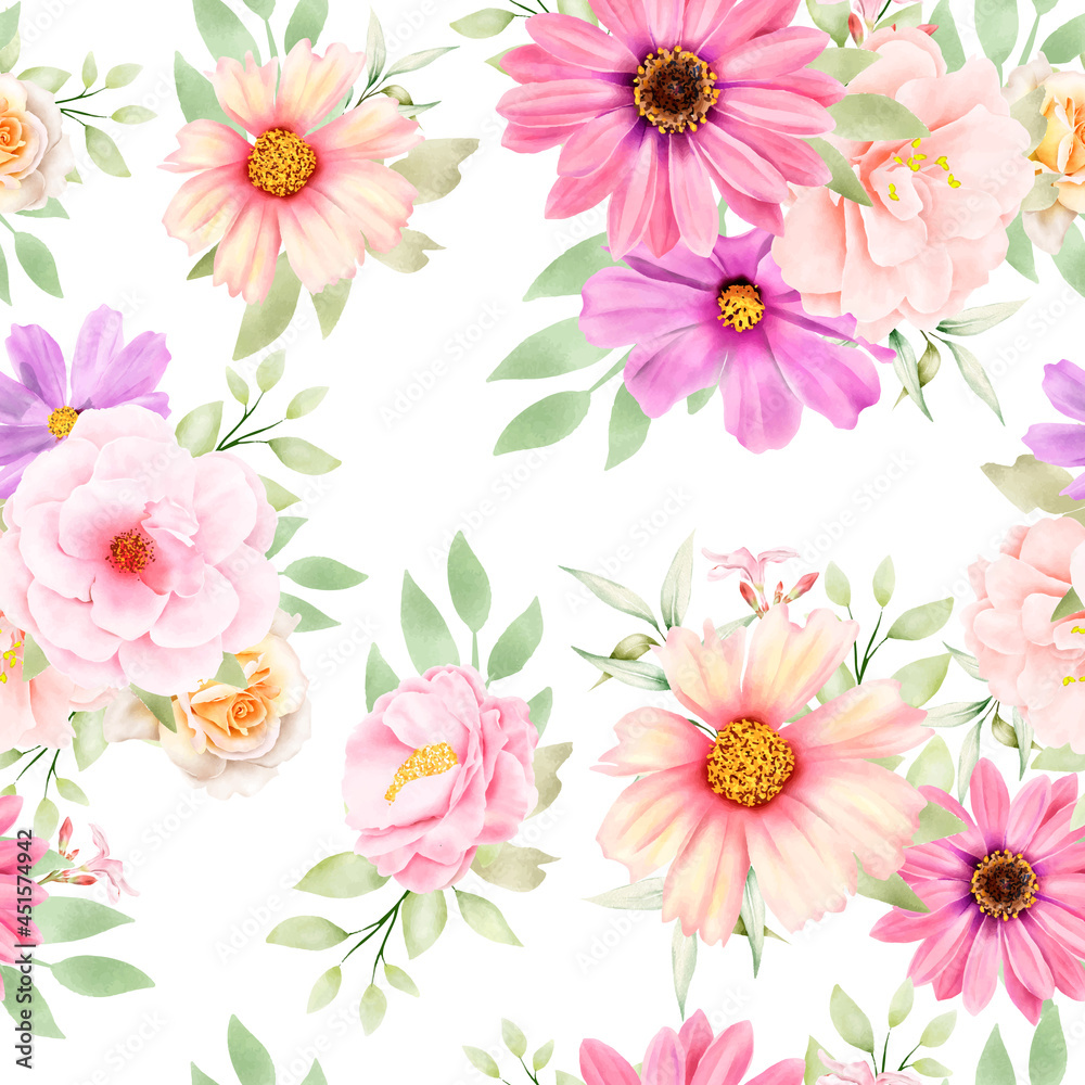 watercolor floral and leaves seamless pattern