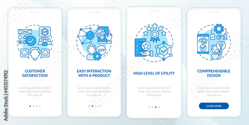 Usage assessment onboarding mobile app page screen. Satisfaction, utility walkthrough 4 steps graphic instructions with concepts. UI, UX, GUI vector template with linear color illustrations