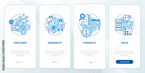 UX basics onboarding mobile app page screen. Customer desirable solution walkthrough 4 steps graphic instructions with concepts. UI, UX, GUI vector template with linear color illustrations