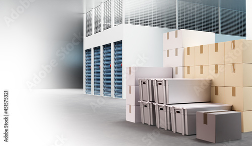 Self storage space. Storage space rent. Several self storage units in stock. Boxes near entrance to unit. Rent of space for safekeeping. Warehouse company indoor. 3d illustration.