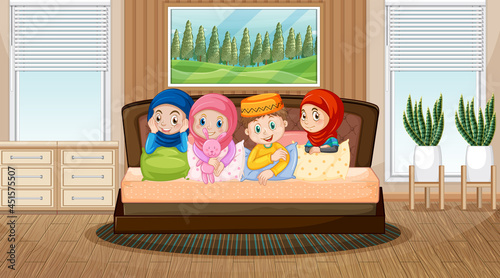 Living room scene with muslim children cartoon character