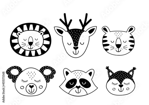set of isolated black lovely animal faces