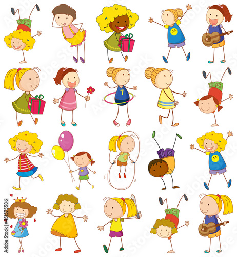 Set of different kids in doodle style