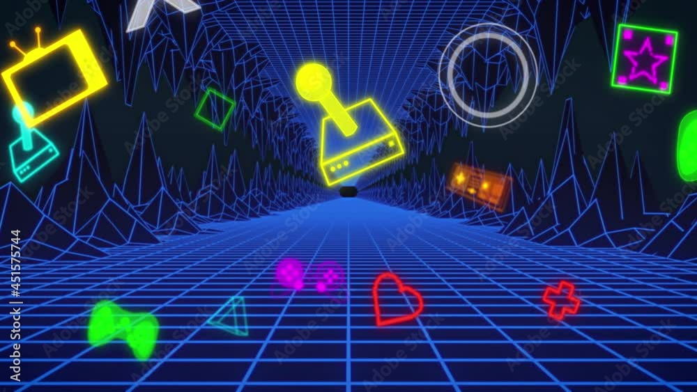 Animation of neon video game digital interface flickering over blue grid