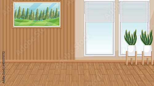 Empty room with wooden wall and parquet floor