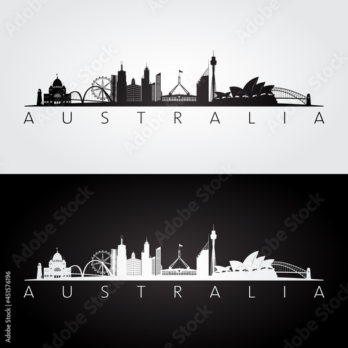 Australia skyline and landmarks silhouette, black and white design, vector illustration.