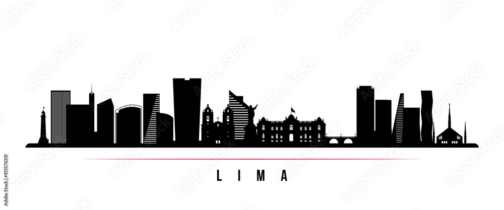 Lima skyline horizontal banner. Black and white silhouette of Lima, Peru. Vector template for your design.