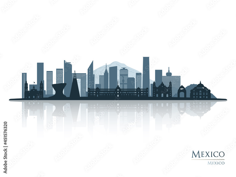 Mexico skyline silhouette with reflection. Landscape Mexico. Vector illustration.