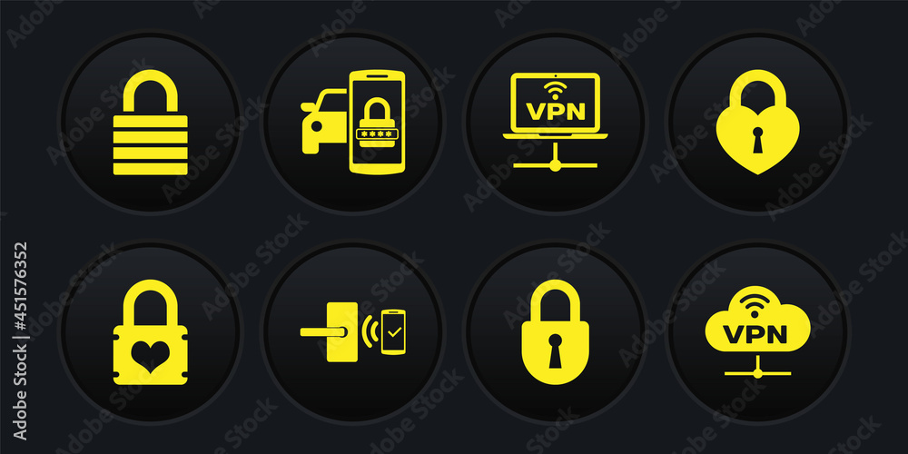 Set Padlock with heart, Castle in the shape of, Digital door wireless, Lock, VPN Computer network and Smart car security system icon. Vector