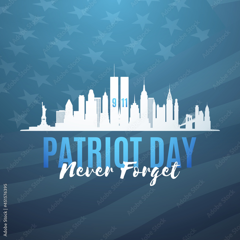 New York skyline silhouette with Twin Towers and text Never Forget. American Patriot Day banner. September 9/11. Vector illustration.