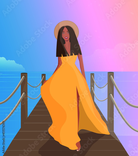 Digital illustration of a girl in a yellow light dress on vacation in the summer on the island walks along the beach walks along the pier and meets a pink sunset